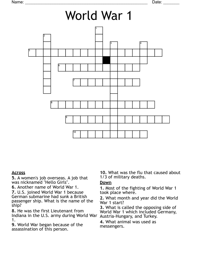 World War 1 Crossword
