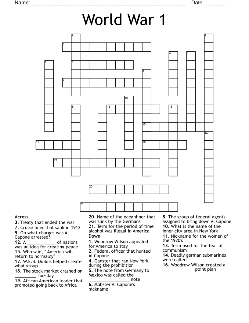 World War 1 Crossword