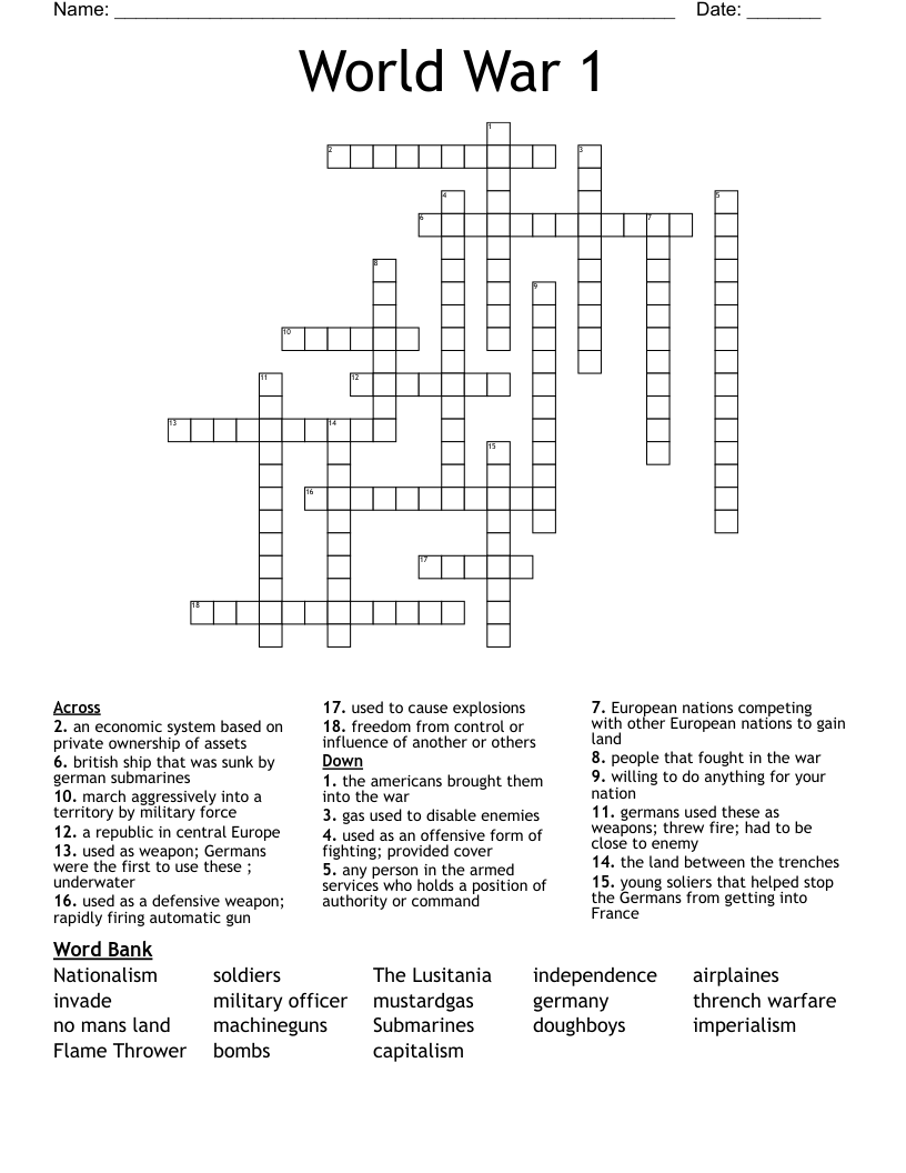 World War 1 Crossword
