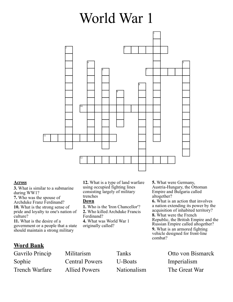 World War 1 Crossword