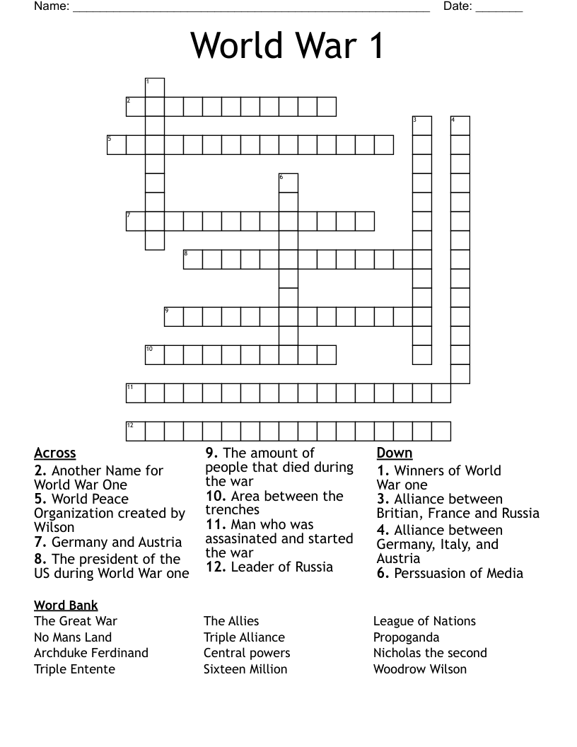 World War 1 Crossword