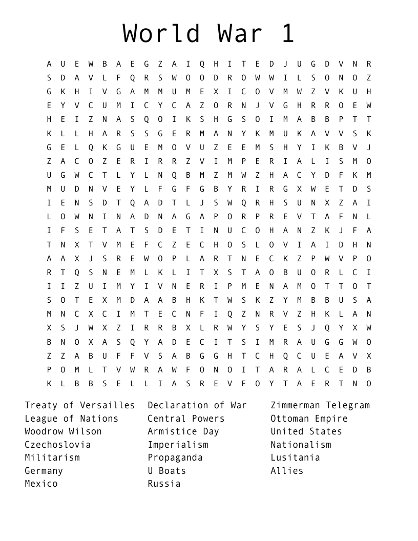 World War 1 Word Search