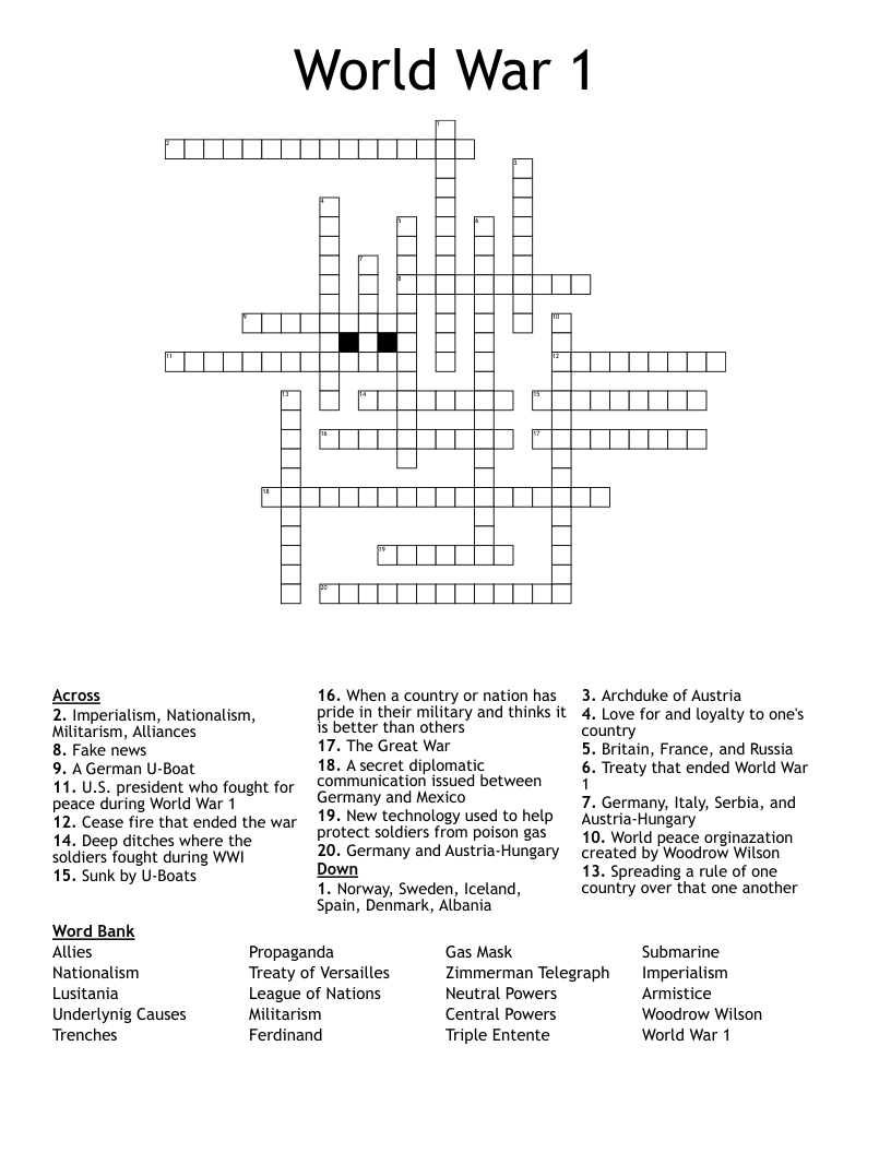 World War 1 Crossword
