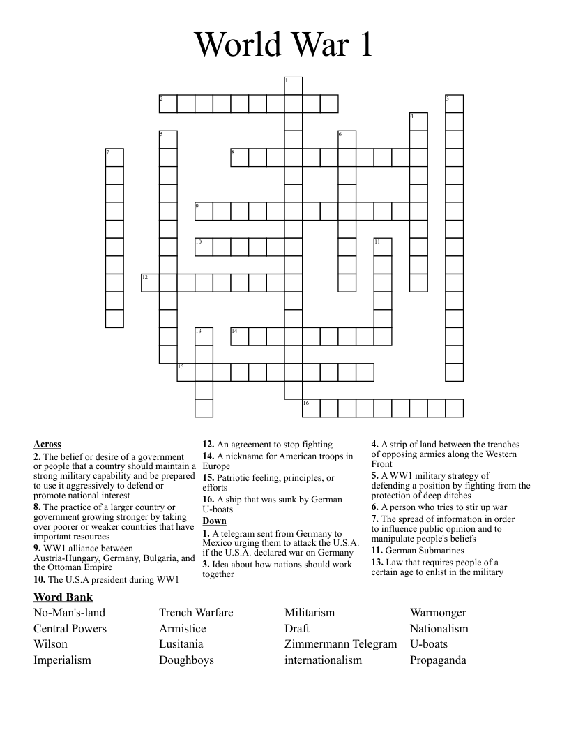 World War 1 Crossword