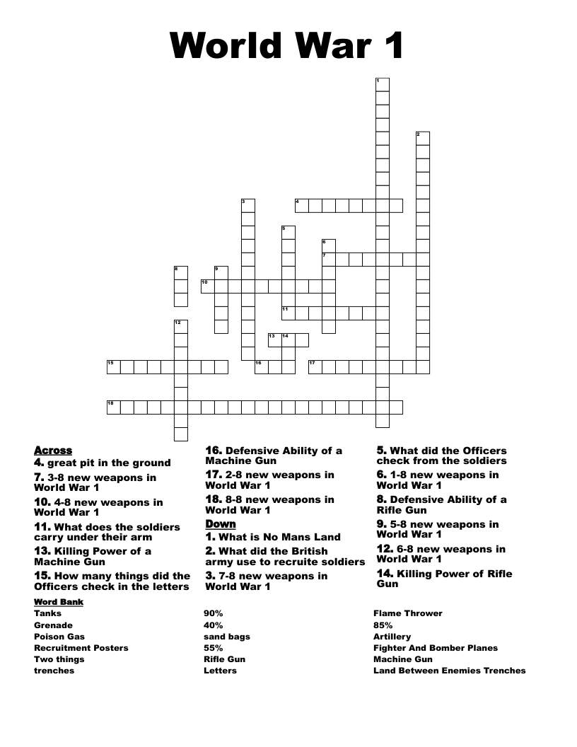 World War 1 Crossword