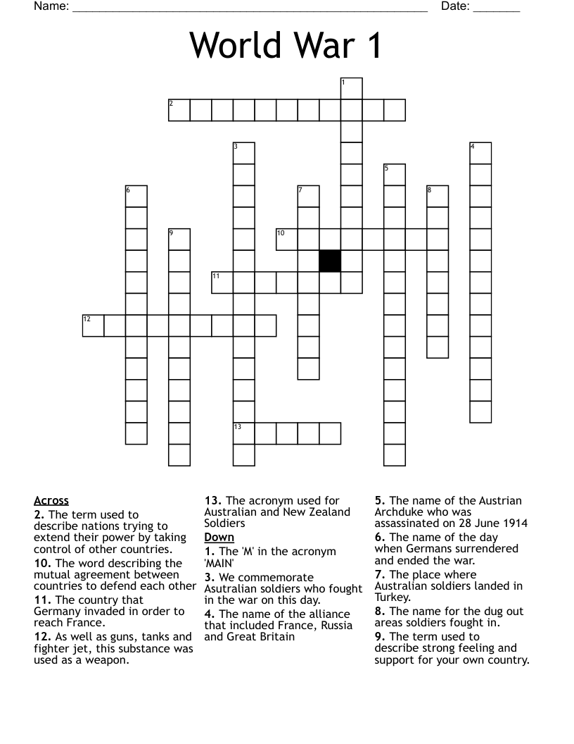 World War 1 Crossword