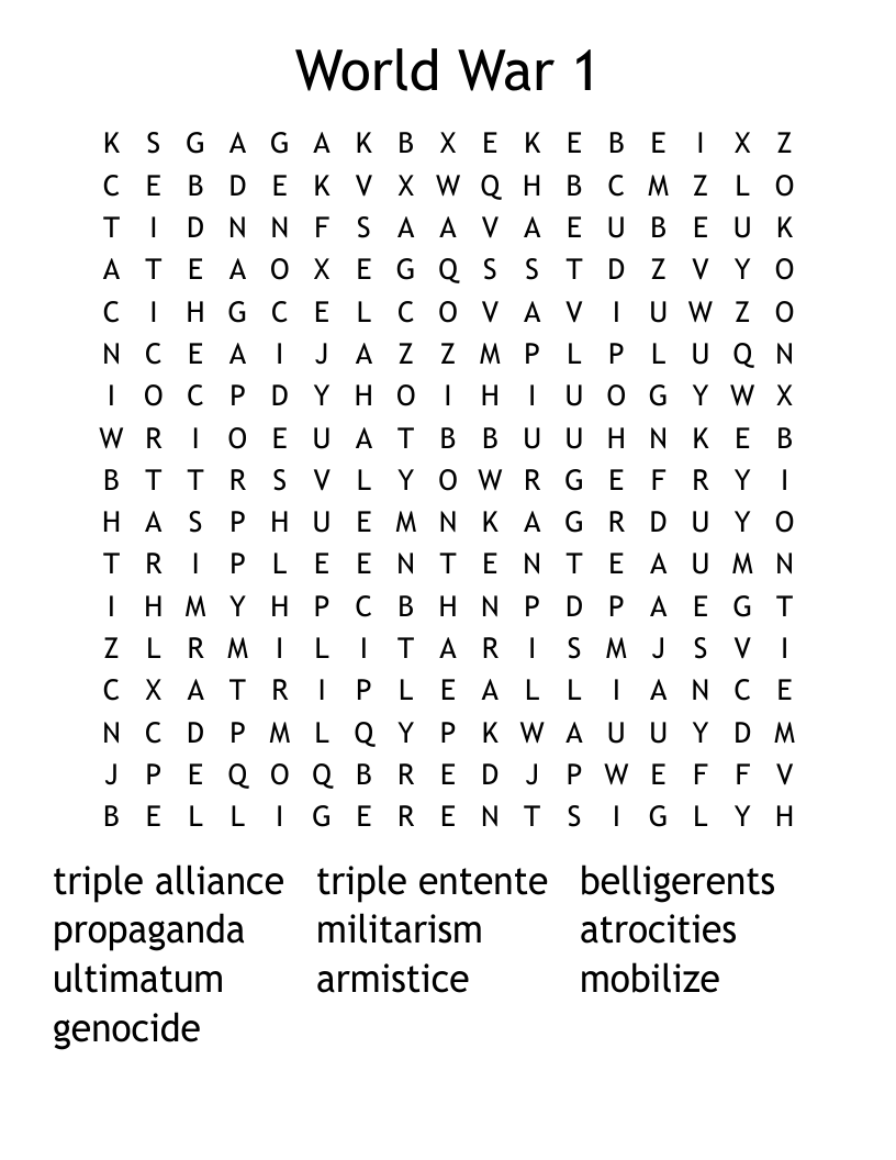World War 1 Word Search