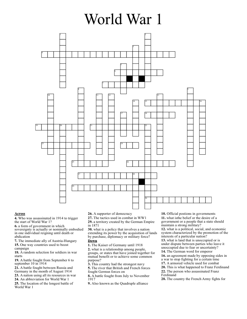World War 1 Crossword