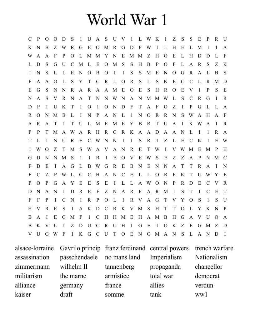 World War 1 Word Search