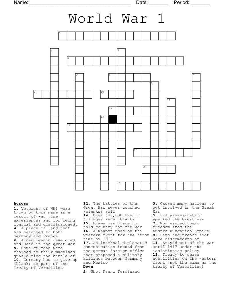 World War 1 Crossword