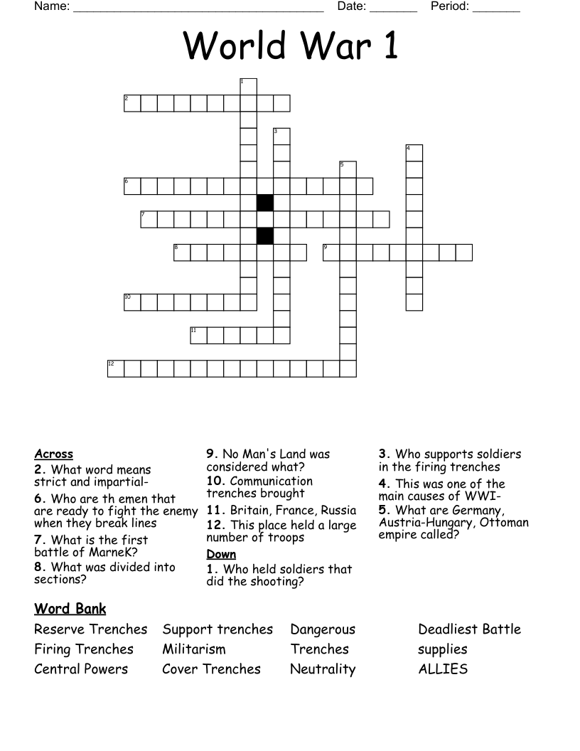 World War 1 Crossword