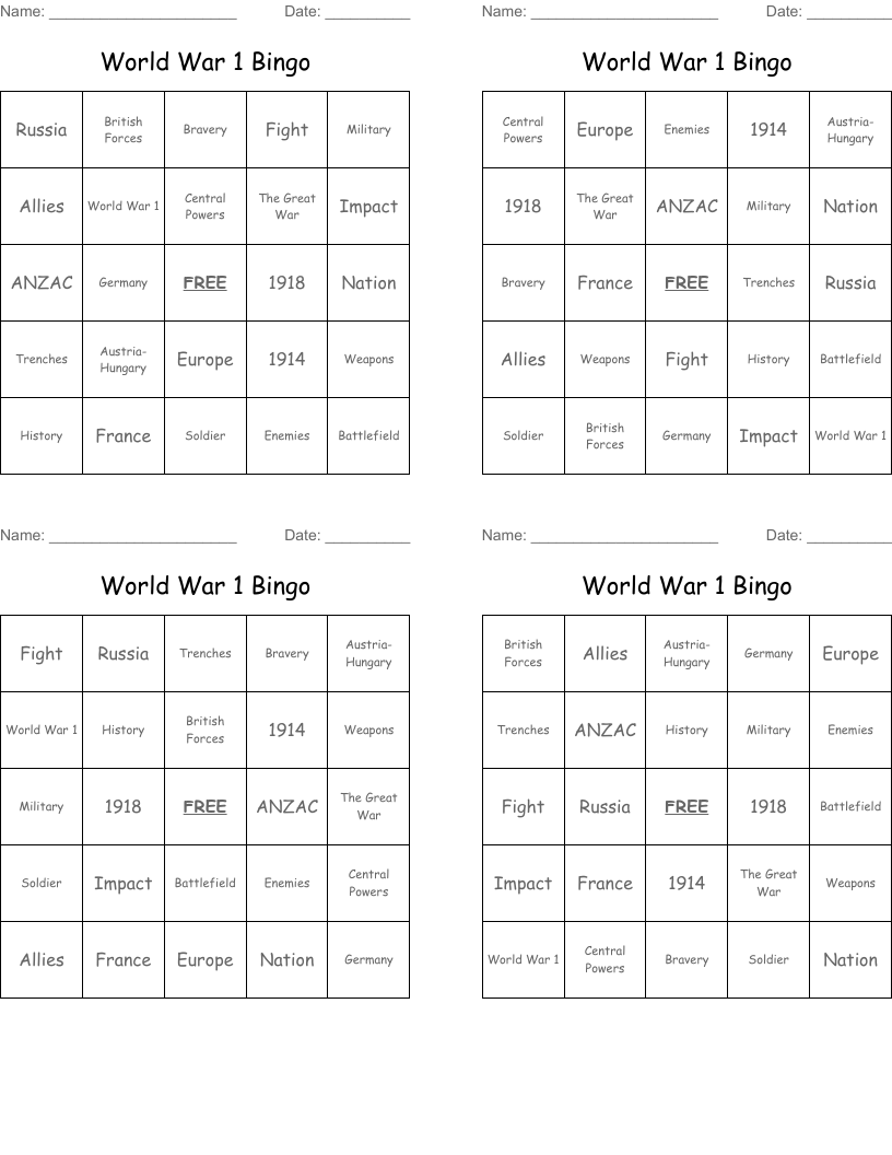World War 1 Bingo