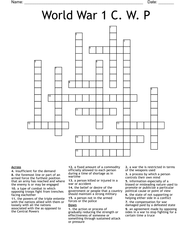 World War 1 C. W. P Crossword