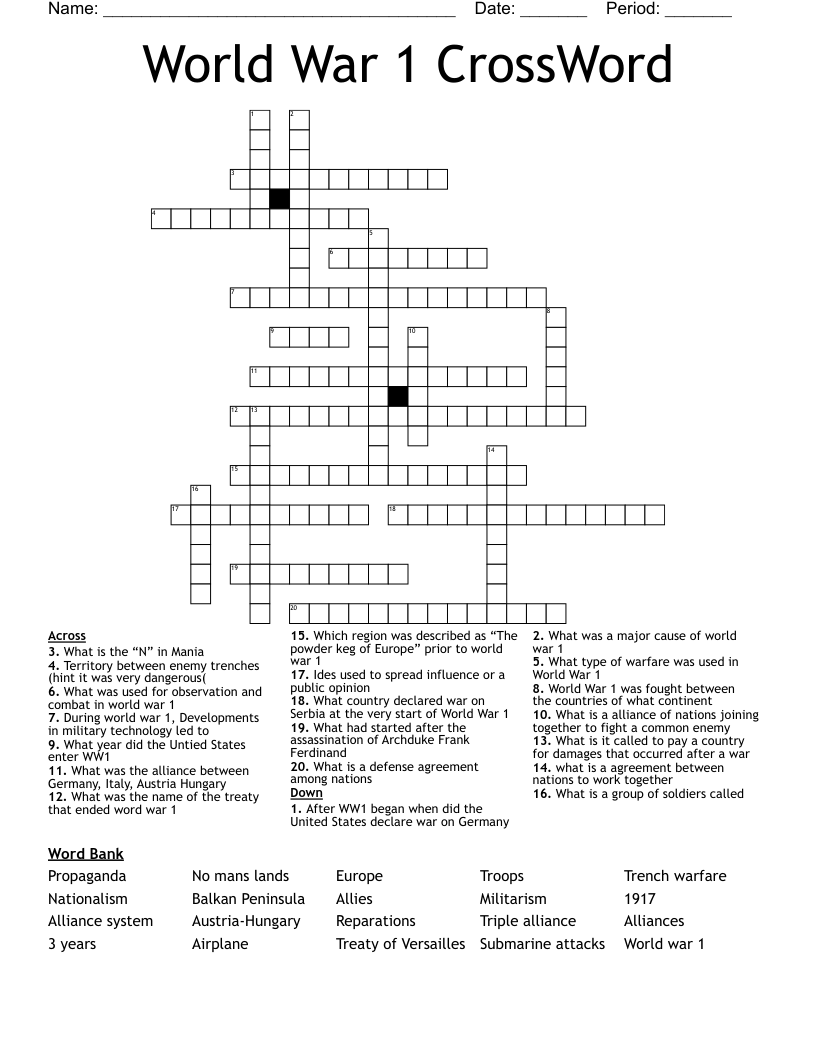 World War 1 CrossWord