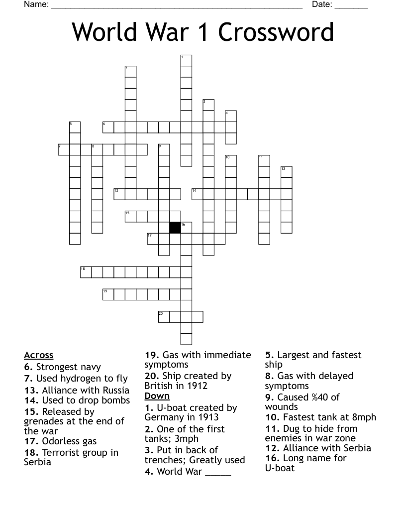 World War 1 Crossword