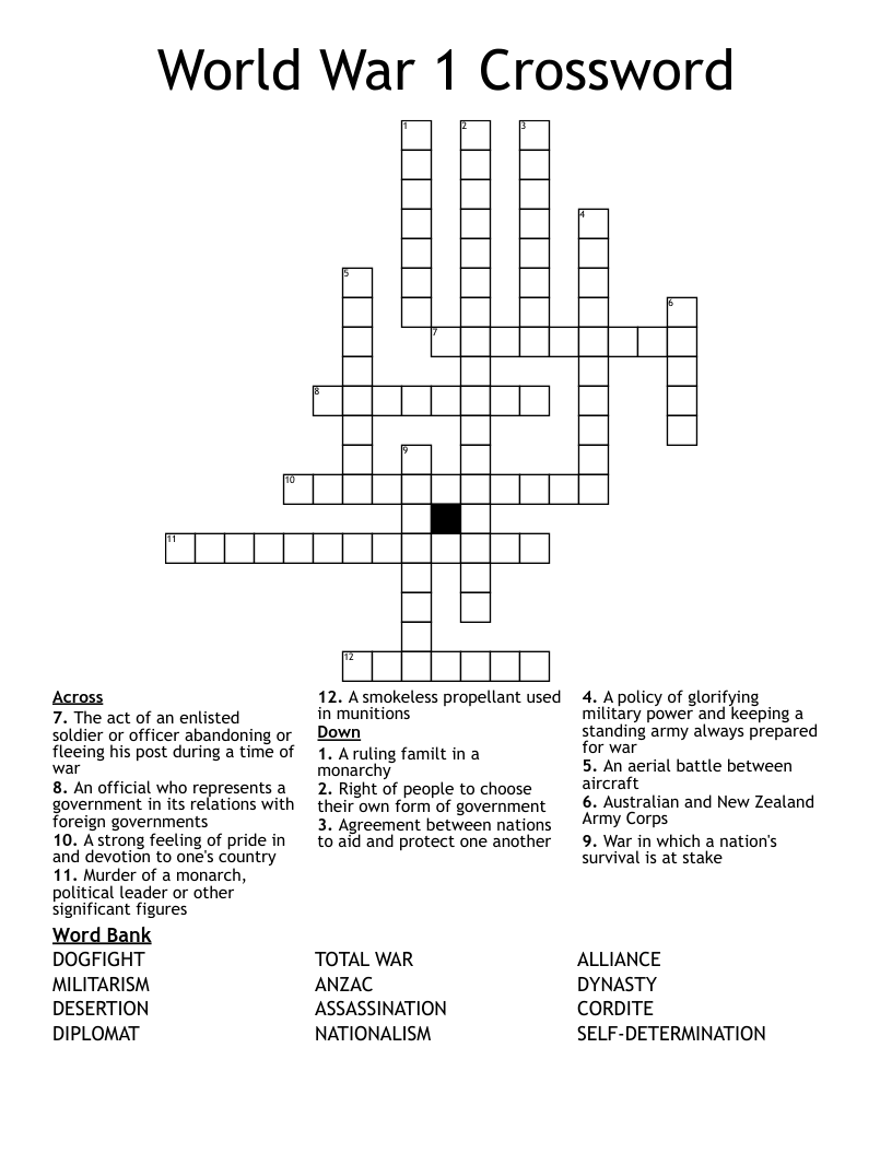 World War 1 Crossword