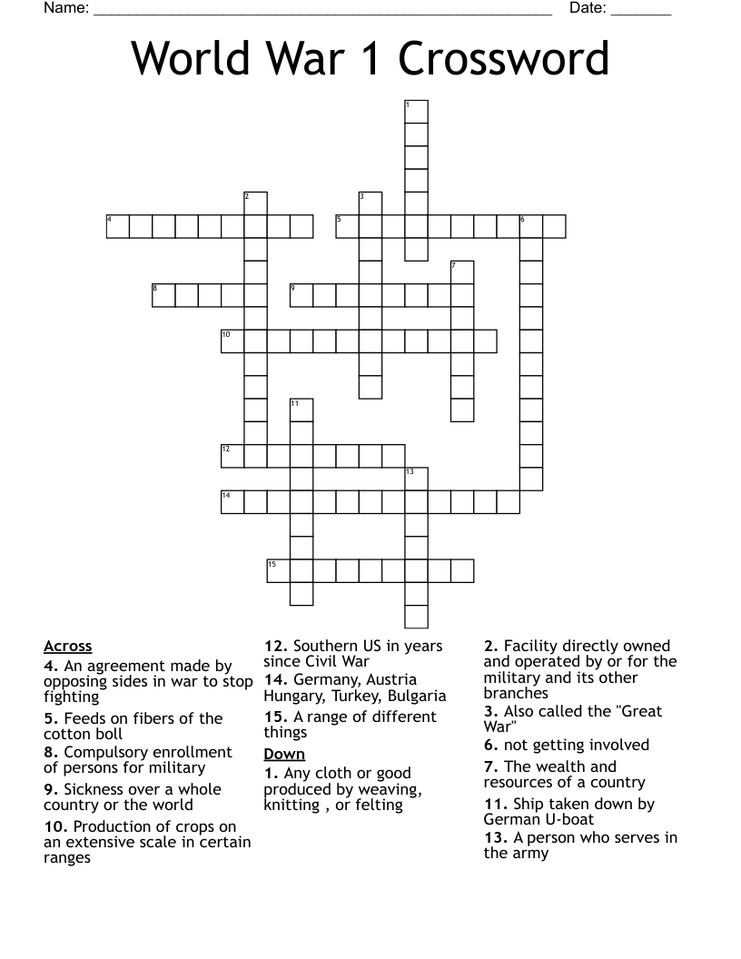 World War 1 Crossword