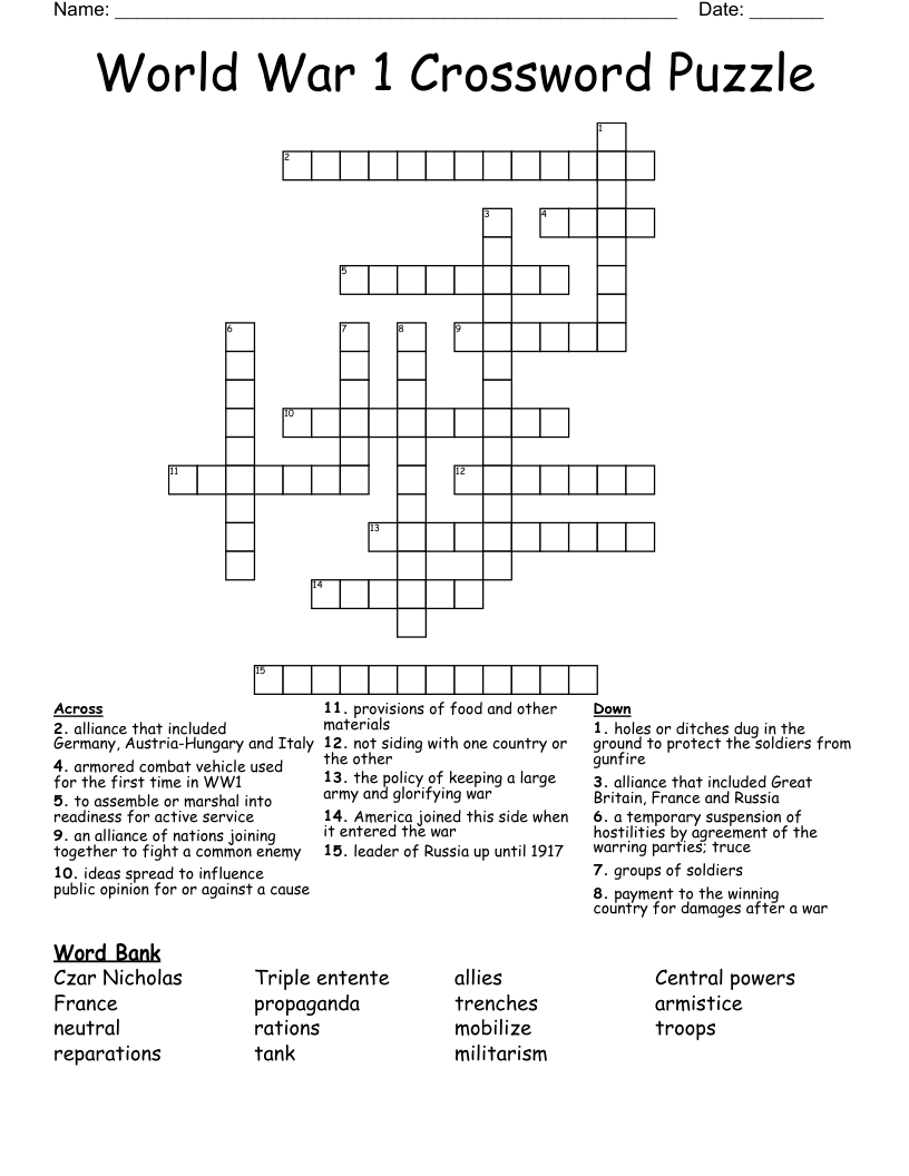World War 1 Crossword Puzzle