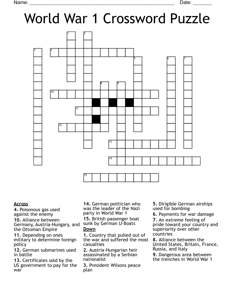 World War 1 Crossword Puzzle