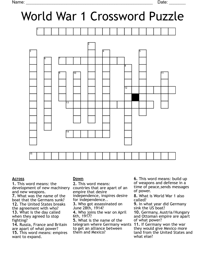 World War 1 Crossword Puzzle