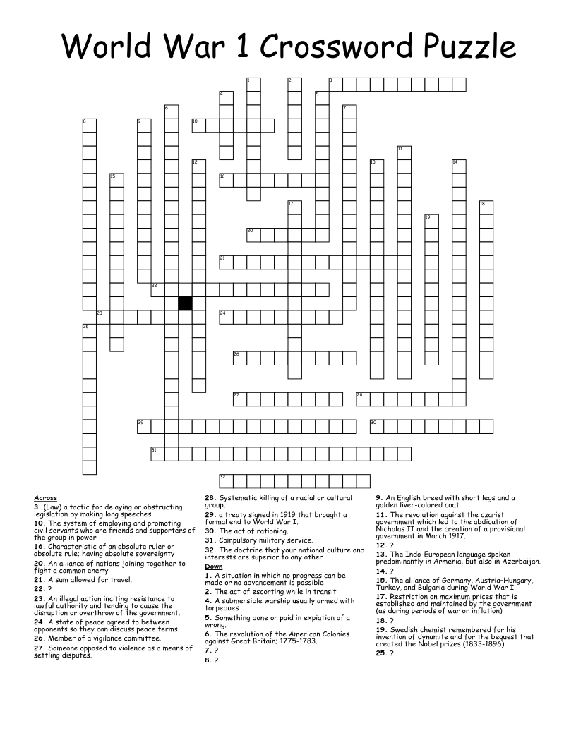 World War 1 Crossword Puzzle