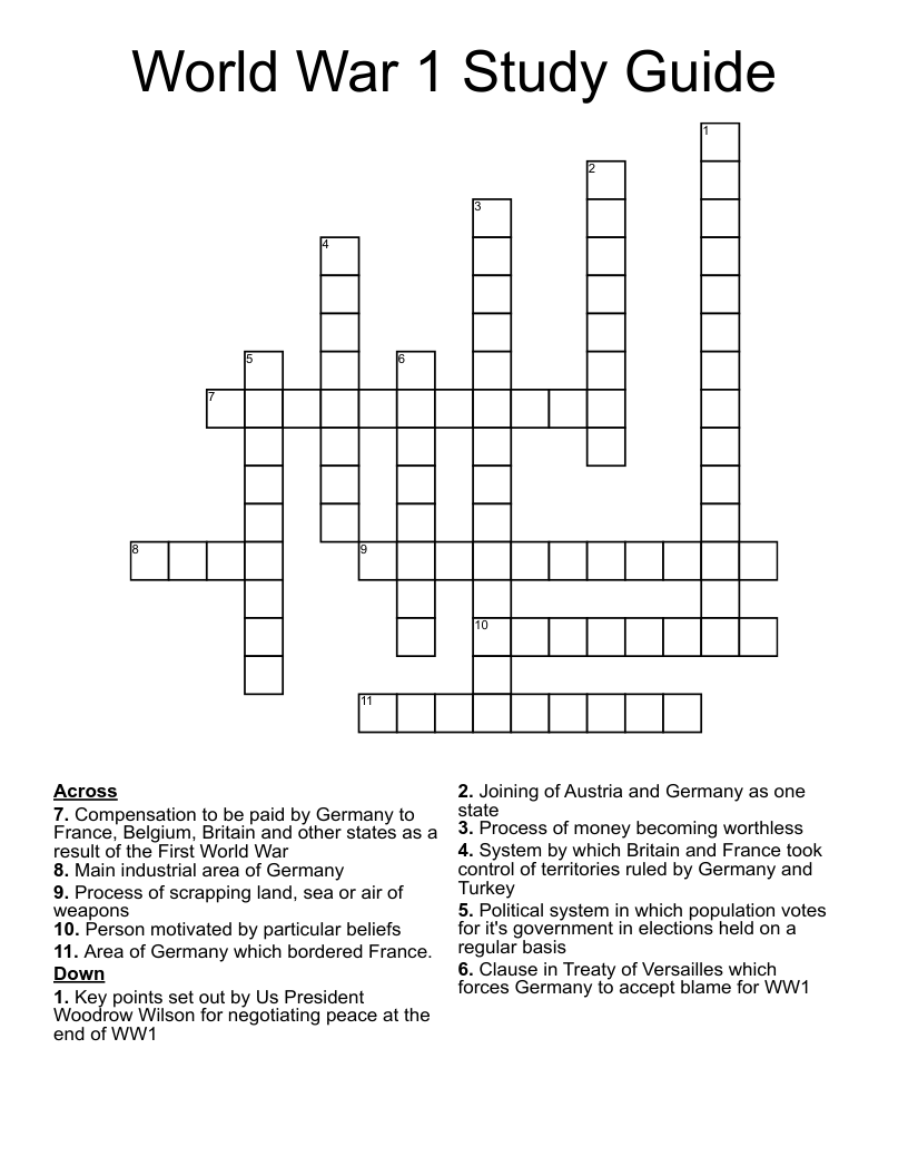 World War 1 Study Guide Crossword