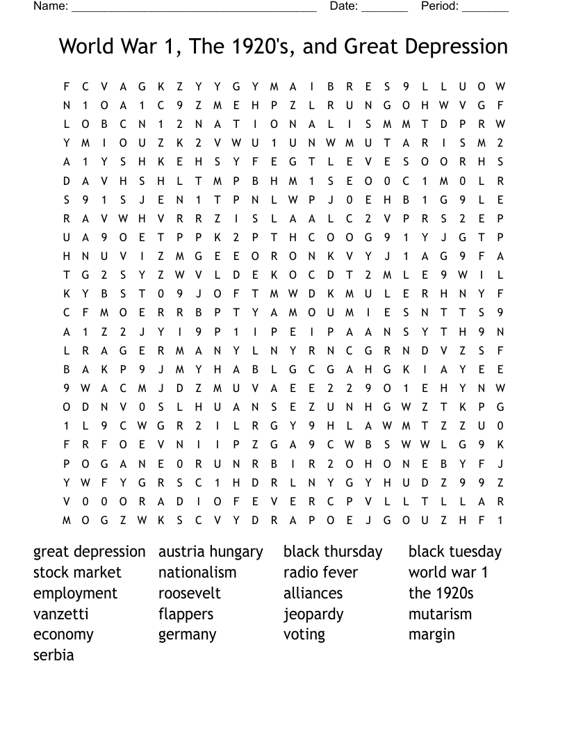 World War 1, The 1920's, and Great Depression Word Search