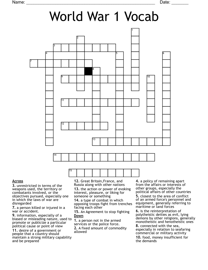 World War 1 Vocab Crossword