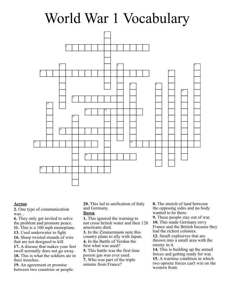 World War 1 Vocabulary Crossword
