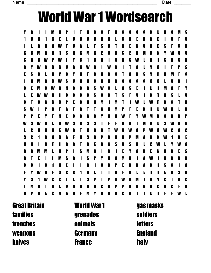 World War 1 Wordsearch