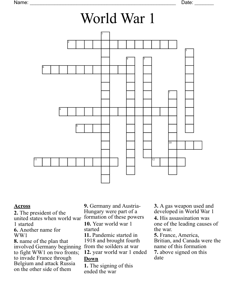 World War 1  Crossword