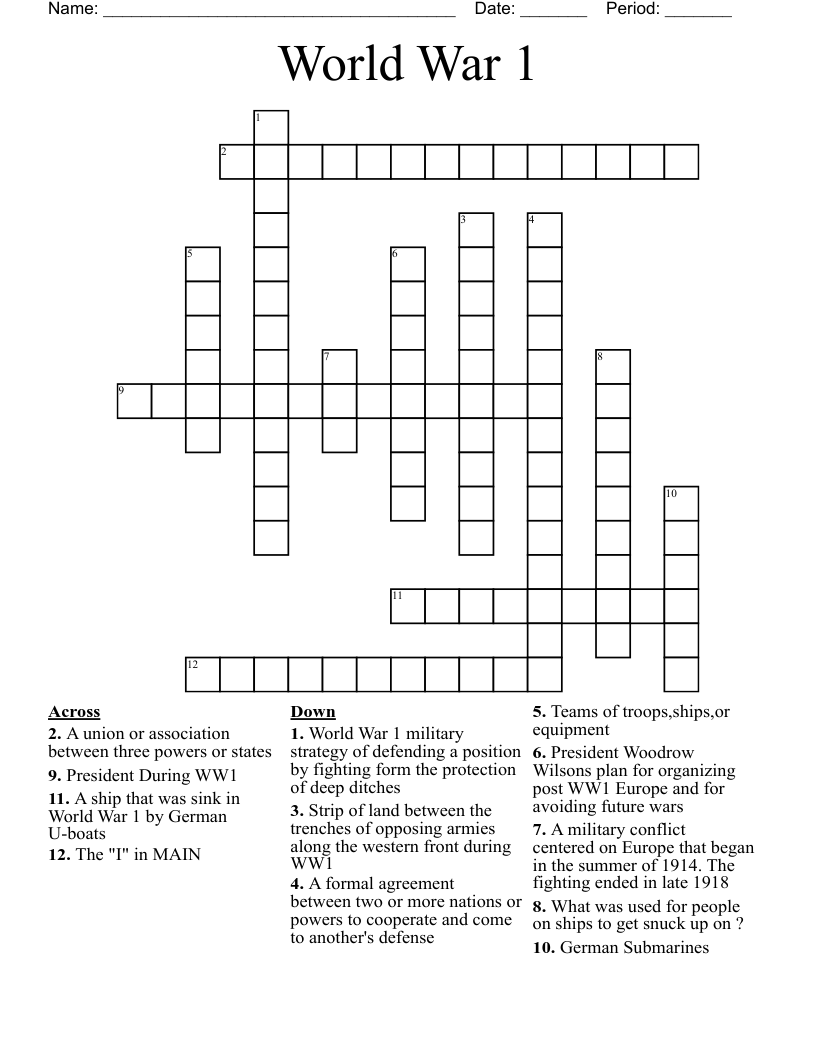 World War 1  Crossword