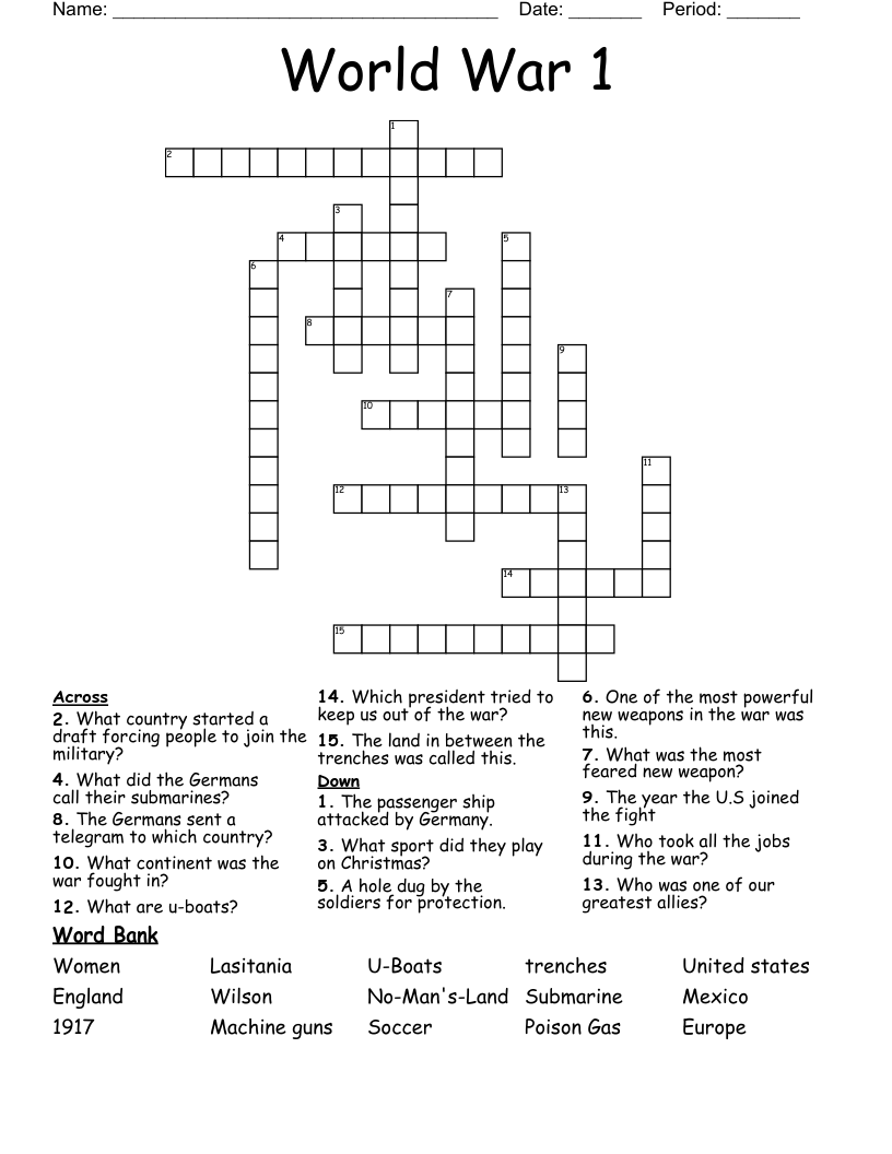 World War 1  Crossword