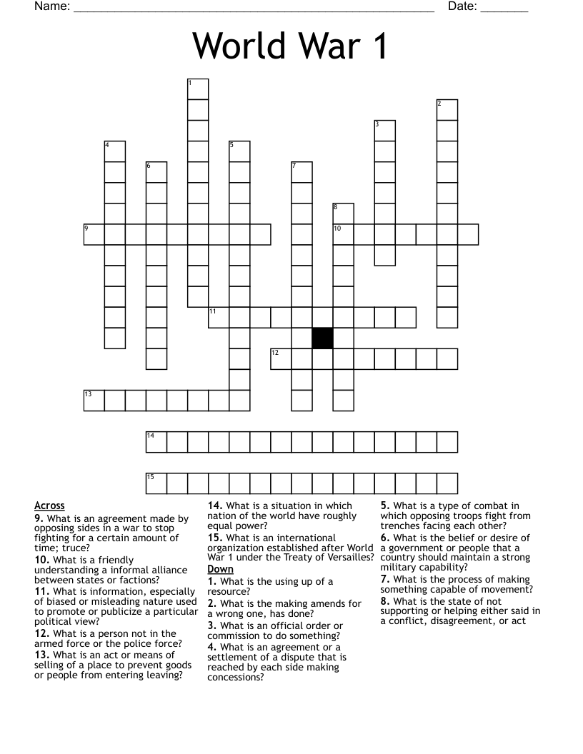 World War 1  Crossword