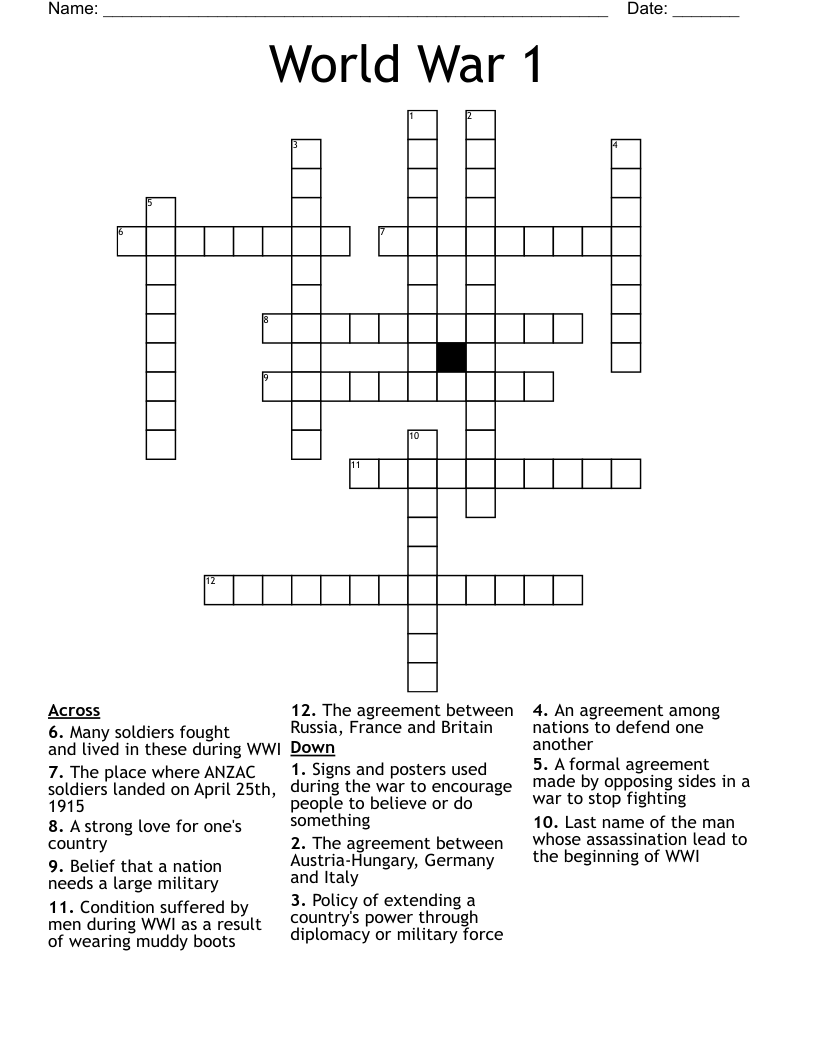 World War 1  Crossword