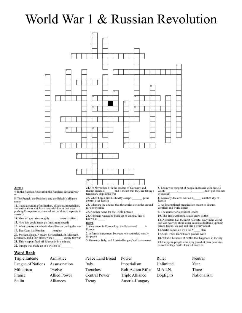 World War 1 & Russian Revolution Crossword