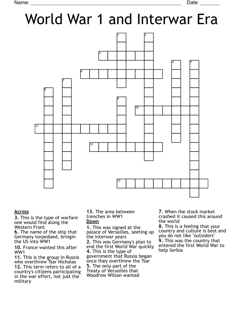 World War 1 and Interwar Era Crossword