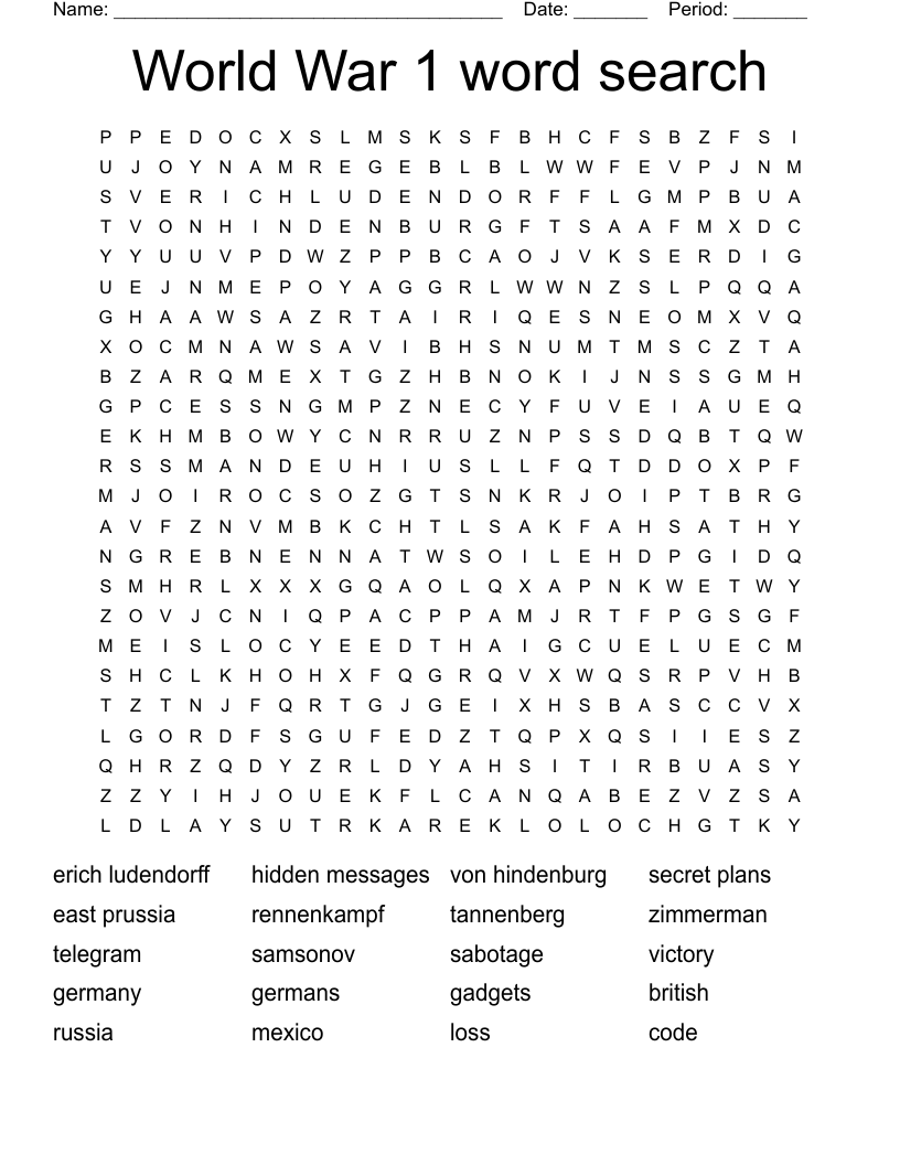 World War 1 word search