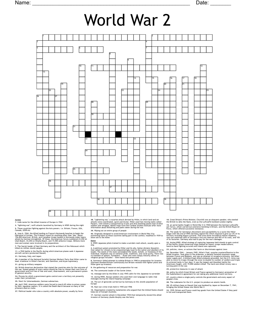 World War 2 Crossword