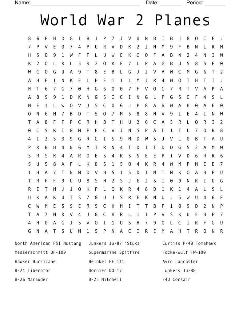 World War 2 Planes Word Search