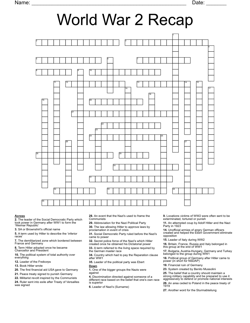 World War 2 Recap Crossword