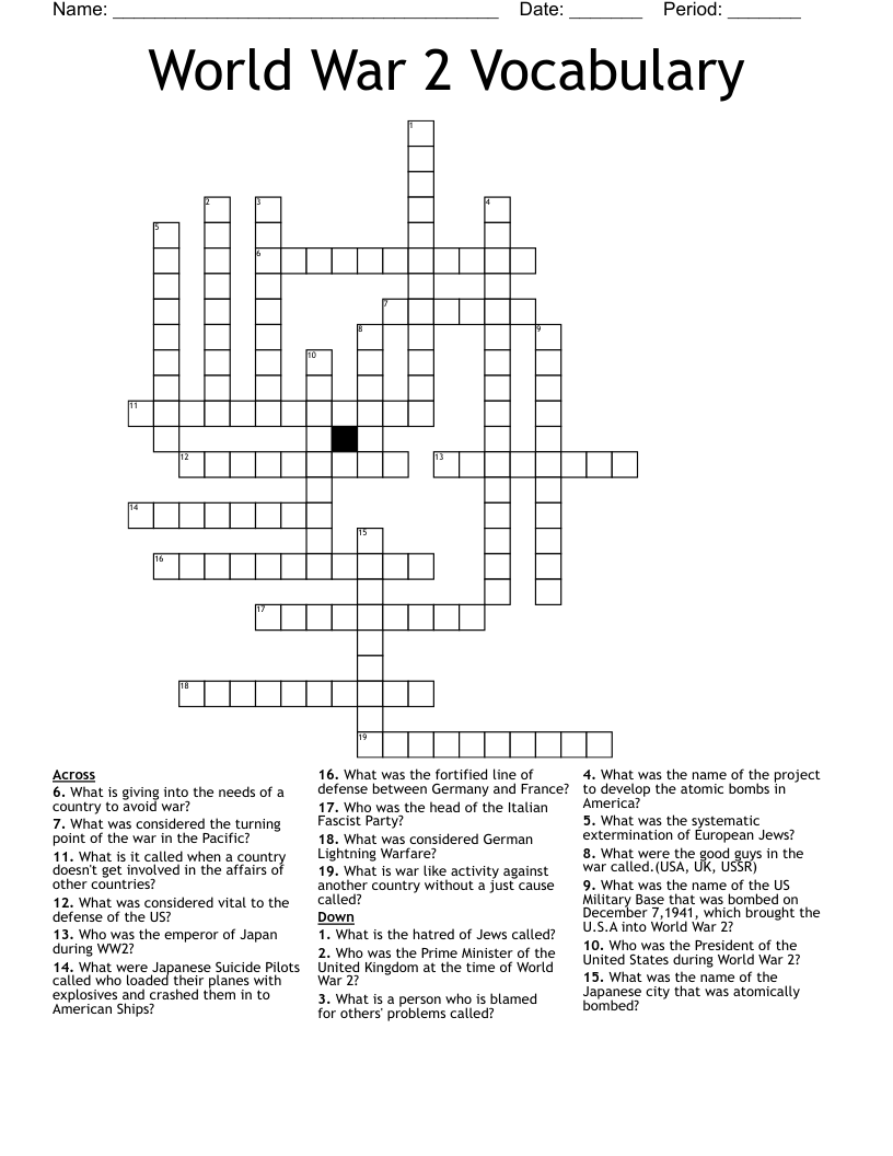 World War 2 Vocabulary Crossword