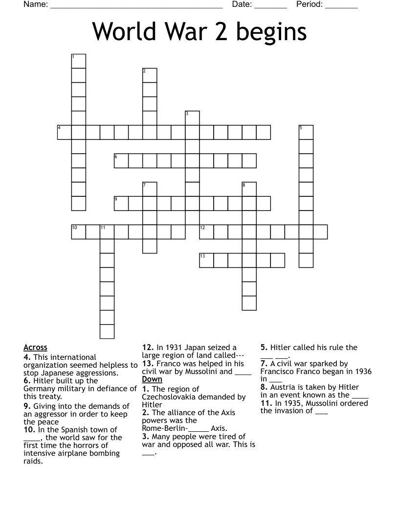 World War 2 begins Crossword