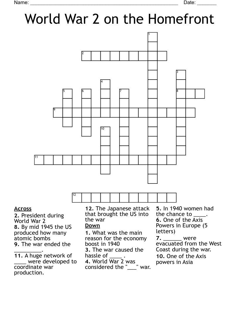 World War 2 on the Homefront Crossword
