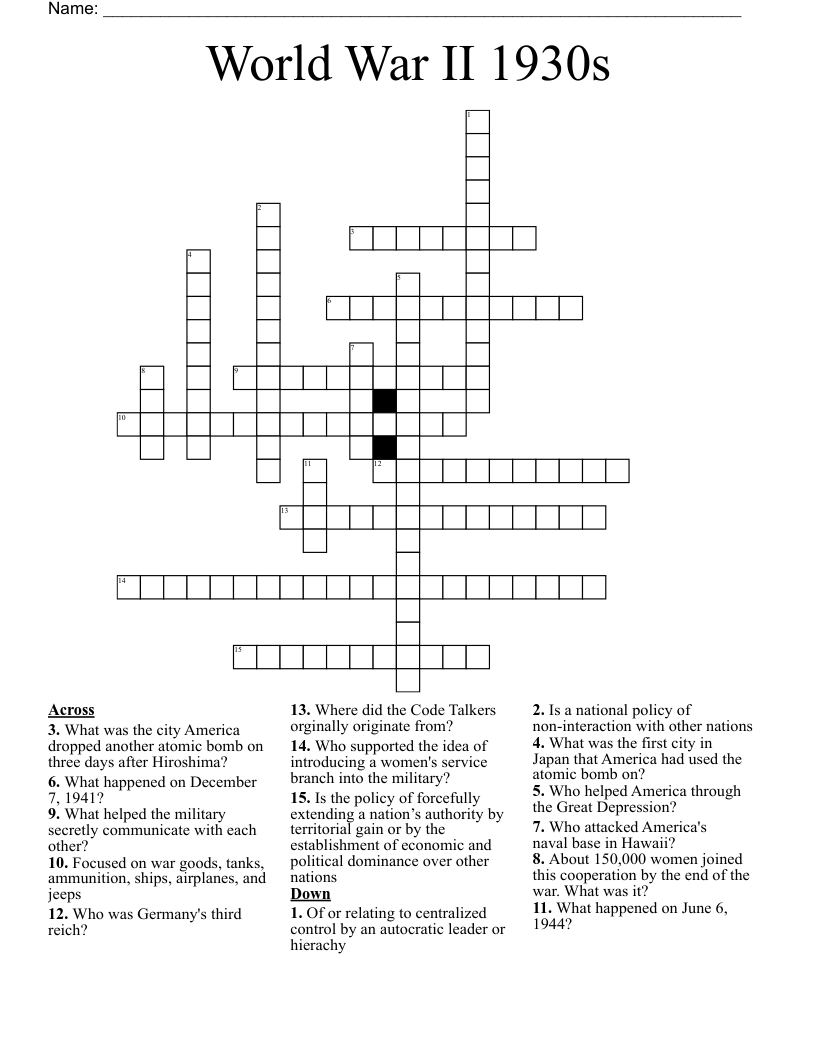 World War II 1930s Crossword
