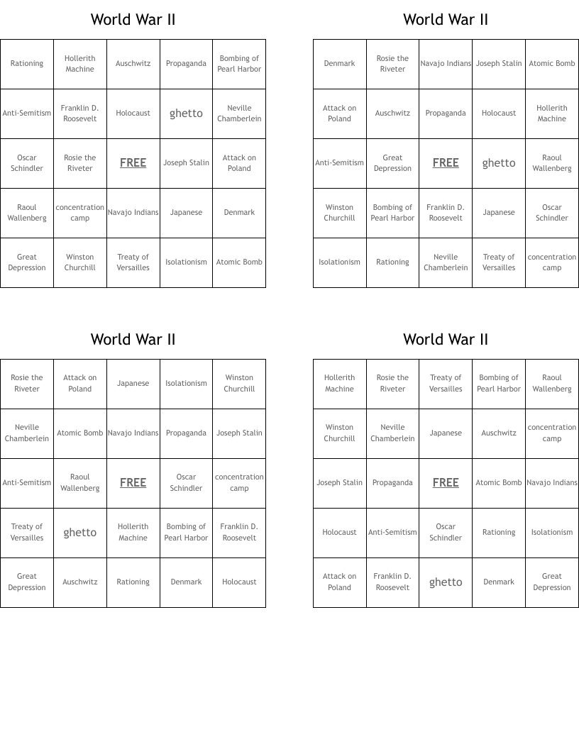 World War II Bingo Cards