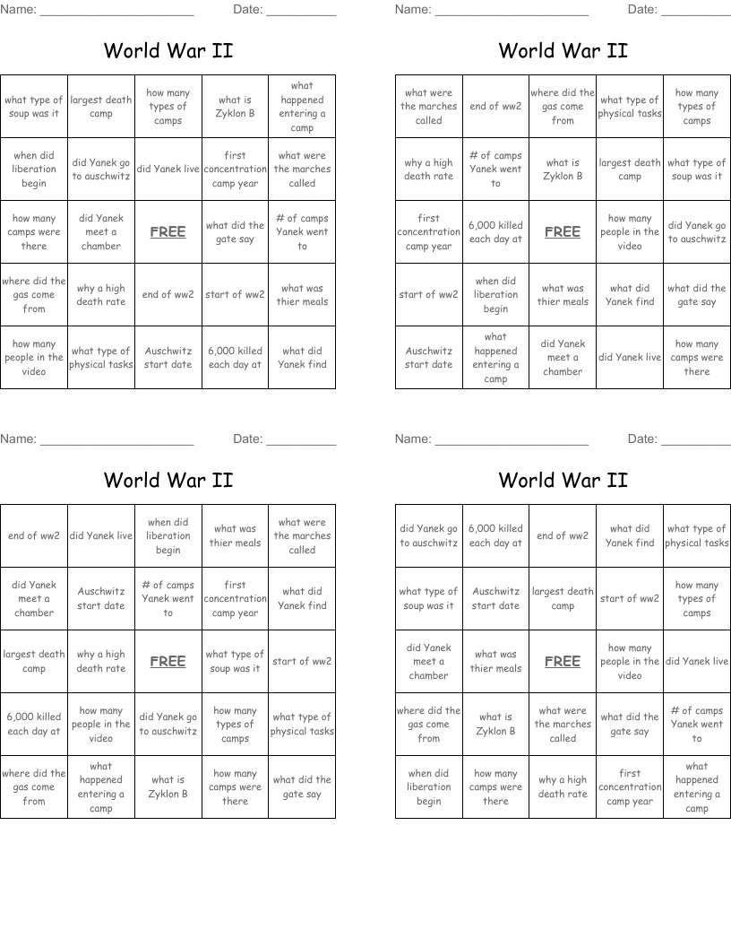 World War II Bingo Cards