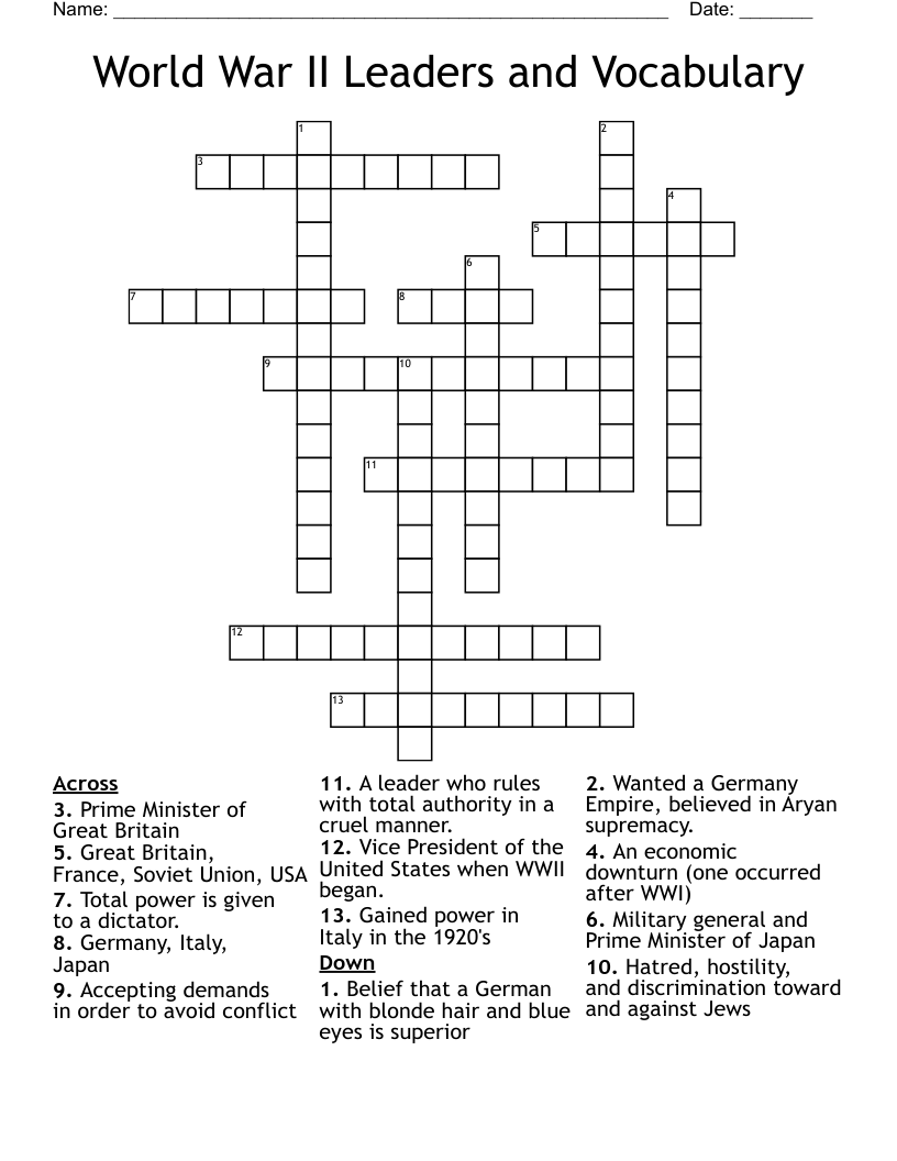 World War II Leaders and Vocabulary Crossword