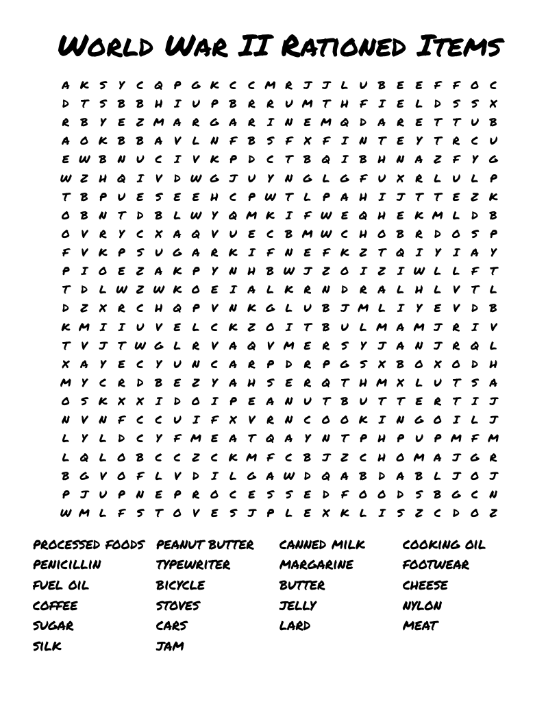 World War II Rationed Items Word Search