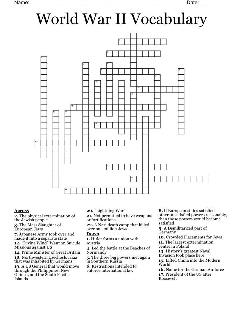 World War II Vocabulary Crossword